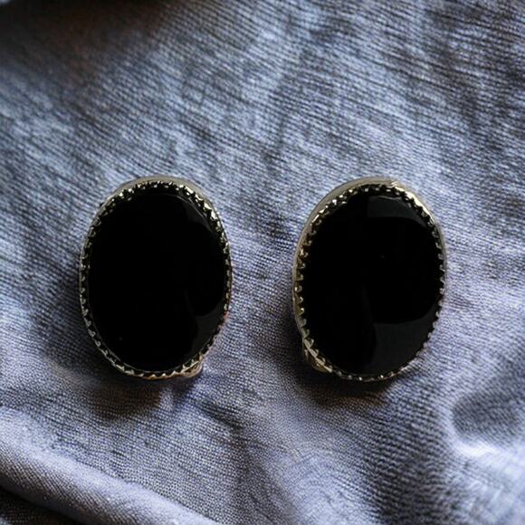 Vintage Black and Gold-Tone Oval Clip-On Earrings - Picture 1 of 7
